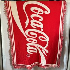 Vintage Coca Cola Red & White Woven Throw Blanket Knit Tapestry Fringe Coke EUC picture