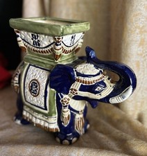 Vintage Heavy Large Ceramic Elephant Planter Blue White Gold Pot 9in x 10in picture