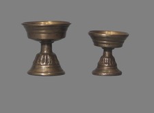 Share Pair Tibet 17th Century Old Antique Buddhist Alloy Copper Oil Ghee Lamp Bu picture