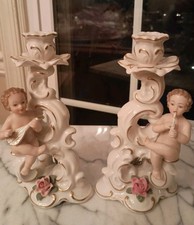 Pair of Antique Dresden Porcelain Candle Holders Cherubs Capodimonte Flower 7.5