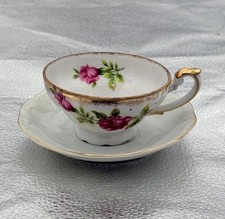 Vintage Bone China Teacup Saucer Set Pink Rose Gold Trim MCM Romantic Victorian picture