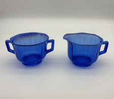 Imperial Glass Molly Cobalt Blue Opalescent Edge Creamer & Sugar Set picture
