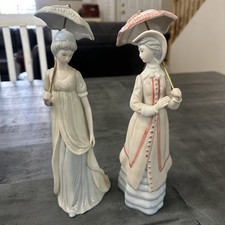 VTG Porcelain 11” Tall Figurines 2 Lady’s w/ Umbrellas. Made in Taiwan  picture