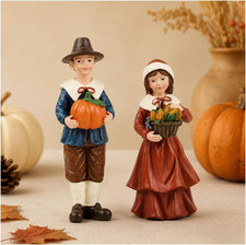 2 PCS Thanksgiving Pilgrim Couple Pumpkin Figurines picture