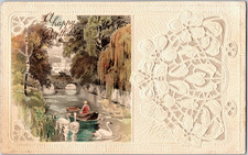 Antique Birthday Postcard Embossed Lace Swans Germany 1910s Victorian Posted picture