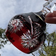 Vtg Ruby Red Cut To Clear Crystal Bell Bohemian Pinwheel Lead Glass Christmas picture