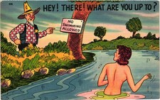 Vintage Tichnor Comic Linen Postcard Sheriff & Skinny Dipper No Swimming 1957 picture