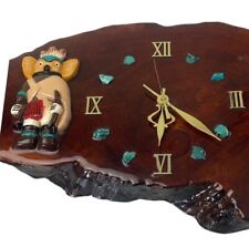 Vintage 1970’s Varnished Cypress Knee Slab Kachina Clock W/ Turquoise Stones picture