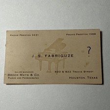 1920 Houston TX J.S. Fabriguze Brook Mays Pianos & Phonographs Vtg Business Card picture