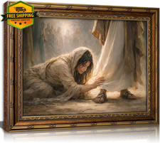 Vintage Gold Frame Jesus Wall Art Canvas 11x9 Woman Touching Robe Faith Healing picture