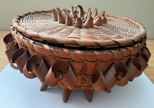 Antique Mi'kmaq Micmac Ash Basket Lid Native American Porcupine Curl Sweetgrass picture