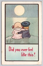 1910s Antique Comic Postcard Kids Hugging Full Moon Ocean View Cute Kid 675 picture