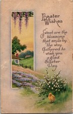 Vintage Easter Postcard 1923 Pastoral Scene Wisteria & Chick picture