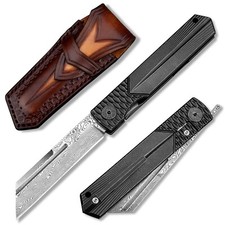japanese higonokami folding pocket knife with leather sheath,3.3in damascus s... picture