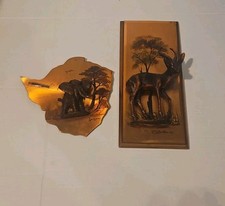 (2) Vintage Gastone Copper Art 3D Wall Plaques Elephant Springbok Rhodesia  picture
