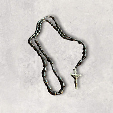 Vintage Rosary Dark Heavy Shiny Black Beads Hematite Silver Crucifix picture