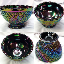 FENTON VTG IRRIDESCENT AMETHYST GRAPE CARNIVAL GLASS FOOTED BOWL REPRODUCTION picture