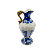 Vintage Cobalt Blue Porcelain Ewer Vase 1980s White Rose Relief Gold Gilt Pitche picture