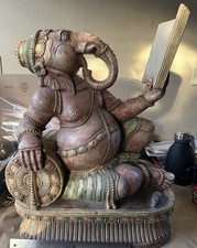 Vintage Lord Ganesha Hindu Deity Elephant God Large Wood Carved Statue Idol picture