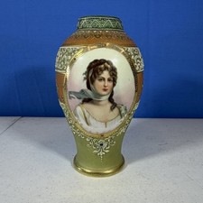 Antique Nippon Hand Painted Porcelain Green Moriage Portrait Vase picture