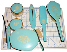 VTG 1920s Art Deco Turquoise Blue Celluloid Vanity Dresser Set Jars Brushes Buff picture