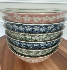 RARE VTG Japan Mino Ware Sakura Donburi Bowls-7.25” Set-6-Pink, Blue & Green picture