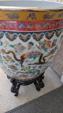 Exquisite Large Singaporean Dragon Fish Bowl Planter & Rosewood Stand.  picture
