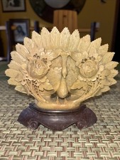 Vintage Chinese Intricate Carved Peacock Flower  Soapstone Figurine Made n China picture