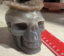 Stunning Banded Agate Crystal Skull with Natural Druzy Quartz Crown – Brand New picture