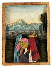 1930s 40s MEXICAN FOLK ART CARVED RELIEF WOOD CAMPESINO FAMILY WALL PLAQUE PANEL picture