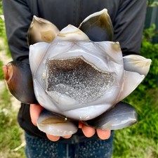 2.49LB Natural Agate Geode Carved Lotus Flower, Hand Carved Healing Crystal Home picture