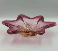 Vintage Czech Pink And Yellow Art Glass Swirl Bowl picture