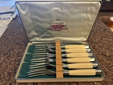 VTG Carvel Hall Stainless Steak Fork Set 6 Ivory Cream Handles w/ Original Case picture