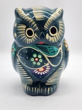 Hand Painted Mexican Pottery Folk Art Owl Coin Bank Floral & Bird Design picture