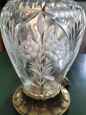 Vintage Hollywood Regency Crystal & Brass Table Lamp Etched Floral Motif-works picture