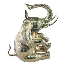 Vintage Solid Brass Elephant Statue Sitting Trunks Up Joyful Good Luck 13x12x15” picture