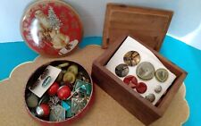 Vintage Mixed Lot of Buttons Plastic & Metal Mother & Daughter in Tin & Wood Box picture