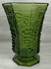  Anchor Hocking Avocado Green Glass Vase Embossed Grapes Leaf Design Footed VTG picture