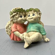 Vtg Cherub Angels Pair Sitting Figurine Pastel Chalkware Resin Shabby Chic 2.5