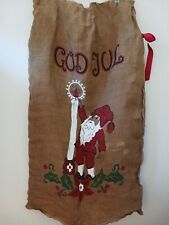 Vtg Swedish Christmas God Jul Burlap Gift Bag Sack w Elf Tomte Lighting Candle picture