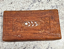 Vintage Hand Carved Wooden Jewelry Box India Inlay Boho Velvet Lined Keepsake picture