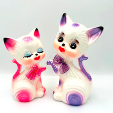 VTG 1950/60s Rare Pristine Pair of Porcelain Kitten Cats Taiwan Bows Kitsch MCM picture