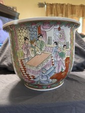 Vintage Chinese Famille Rose Medallion Porcelain Fishbowl Planter 12.5