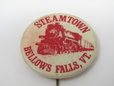 Steamtown Bellows Falls VT Pinback Button Vintage Red Steam Locomotive Train RR picture
