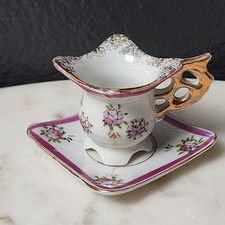 Vintage 1950s Miniature Tea Cup Saucer Victoria Ceramics Japan  Pink Roses Gold picture
