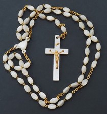 Antique vintage Catholic mother-of-pearl (nacre) rosary goldtone Jesus Crucifix picture