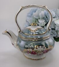 Miniature Porcelain Tea Pot Iridescent Blue With Pink Floral Gold Trim CHINA picture