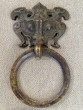 Large Chinese Bronze Taotie Beast Face Ring Door Knocker Inscribed 11” picture