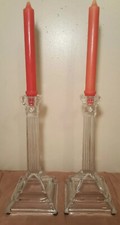 Pair Crystal Pillar CandleHolders Heavy Clear Candlestick Decorative picture