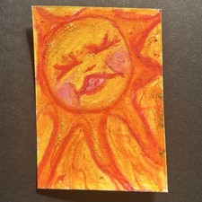 ACEO Art Card Oil Pastel Sun Kitschy Cute Summer Orange Yellow Glitter Whimsical picture